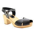 Duve Mid-heel Leather Peep Toe Wooden Black Clog Sandals