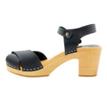 Duve Mid-heel Leather Peep Toe Wooden Black Clog Sandals