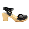 Duve Mid-heel Leather Peep Toe Wooden Black Clog Sandals