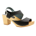 MARIE Swedish Wood Clog Sandals in Black Leather