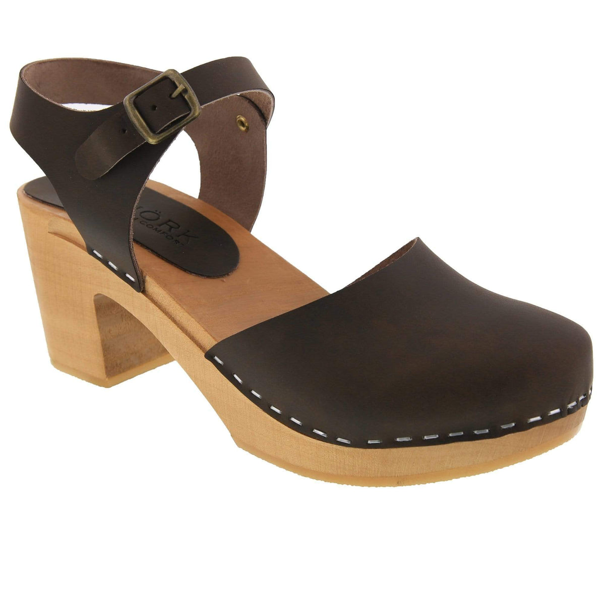 MARGARETA Swedish Wood Clog Sandals in Oiled Leather