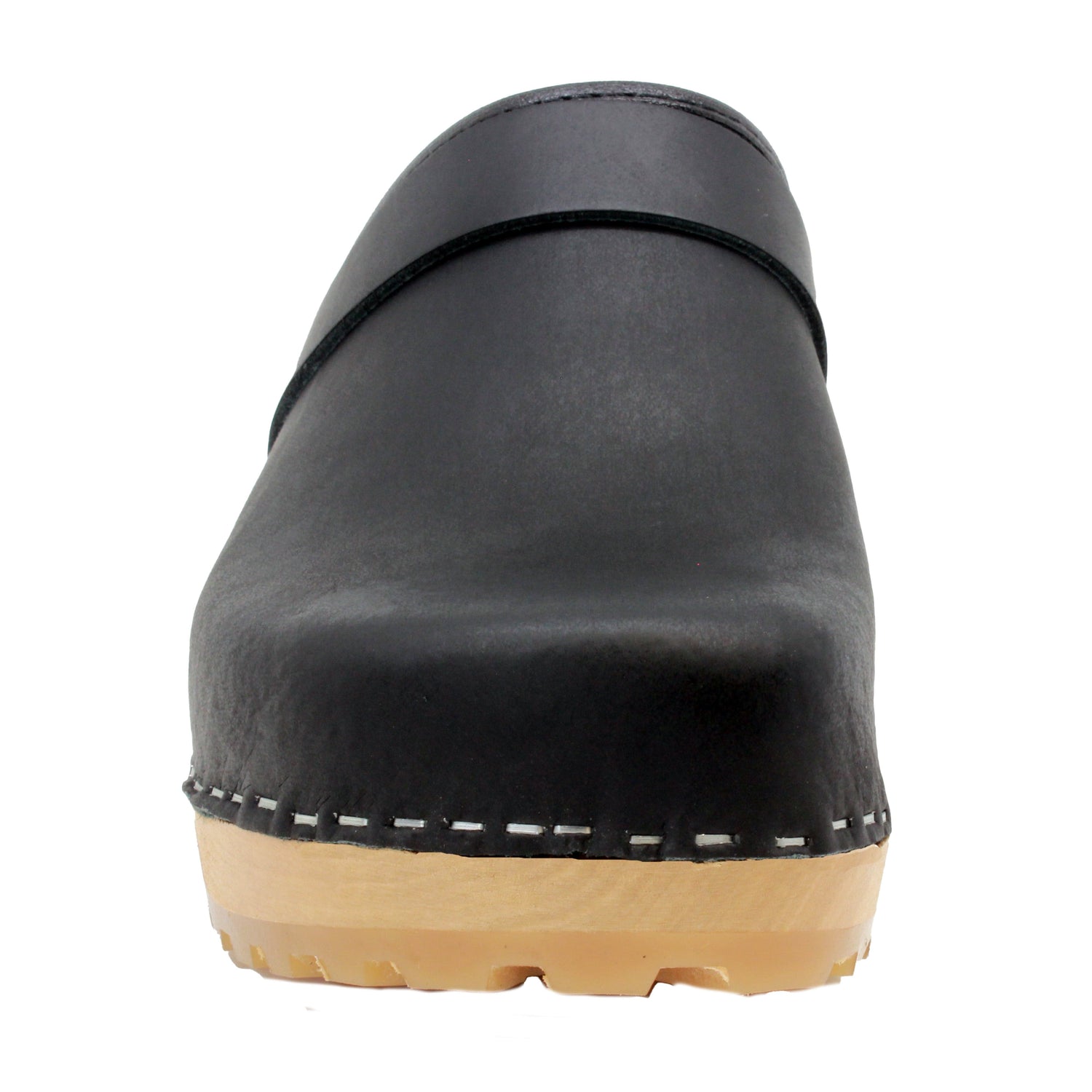 Tuva Wood Open Back Grip Black Natural Leather Clogs – BJORK Swedish ...