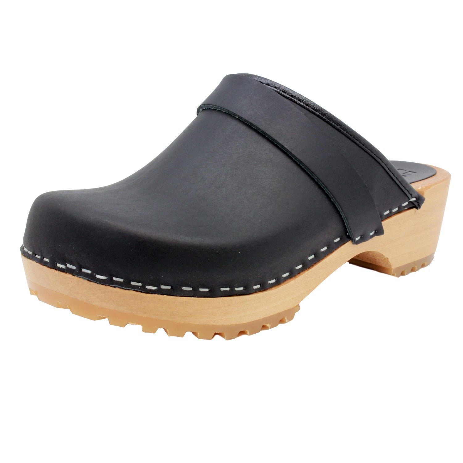 Tuva Wood Open Back Grip Black Natural Leather Clogs – BJORK Swedish ...