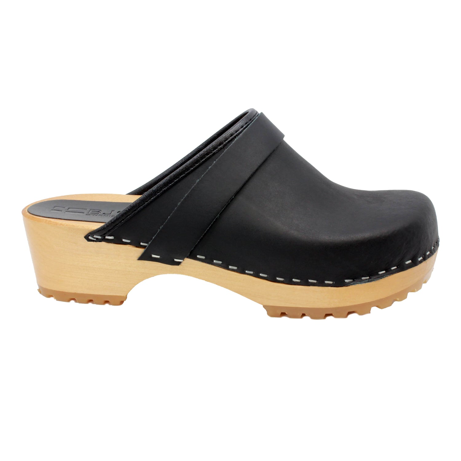 Tuva Wood Open Back Grip Black Natural Leather Clogs – BJORK Swedish ...