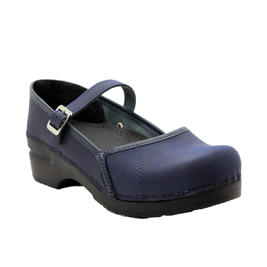 MARCELLA Mary Jane Navy Oiled Leather Clogs