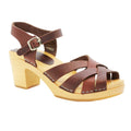 ULLA Swedish Wood Clog Sandals in Brown Leather