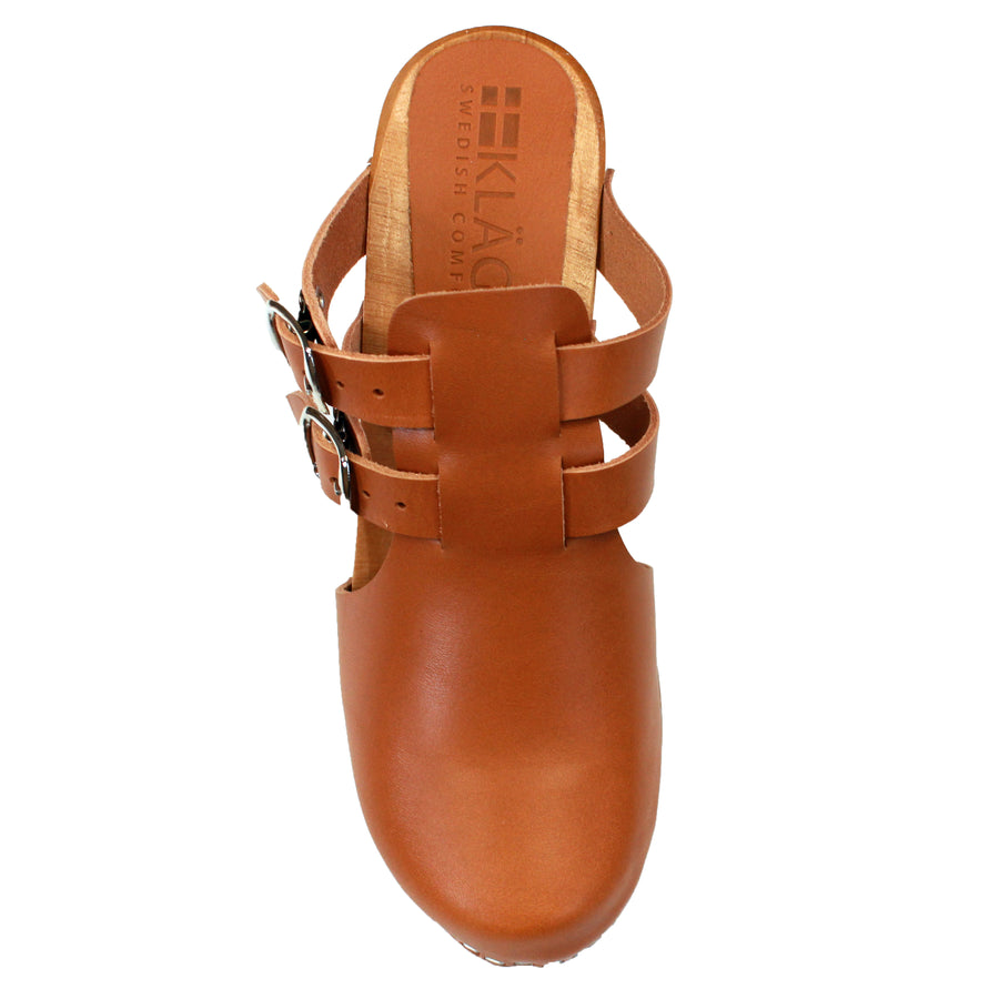Brigetta Mid-heel Fashion Leather Wooden Clogs