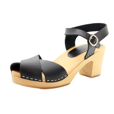 Duve Mid-heel Leather Peep Toe Wooden Black Clog Sandals