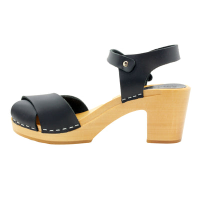 Duve Mid-heel Leather Peep Toe Wooden Black Clog Sandals