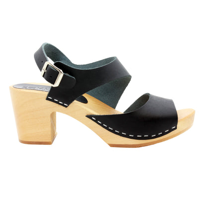 MARIE Swedish Wood Clog Sandals in Black Leather
