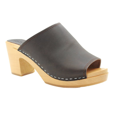 Thali Mid-heel Leather Peep Toe Wooden Clog Sandals