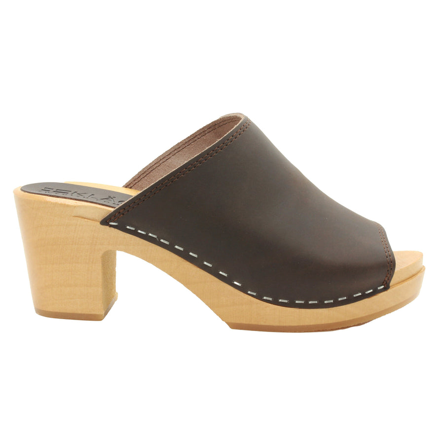 Thali Mid-heel Leather Peep Toe Wooden Clog Sandals
