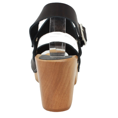 Erika Black Leather Wooden Clog Sandals