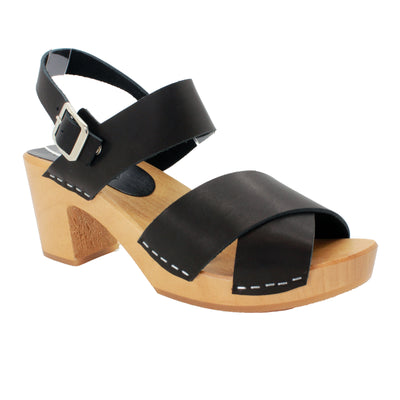 Erika Black Leather Wooden Clog Sandals