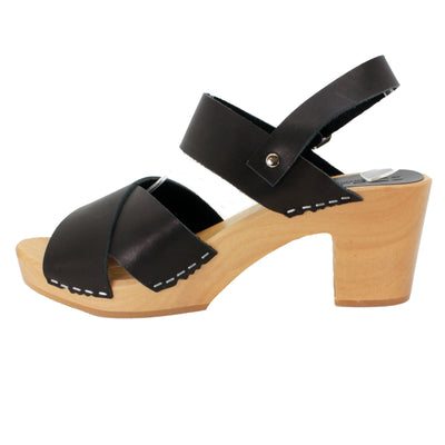 Erika Black Leather Wooden Clog Sandals