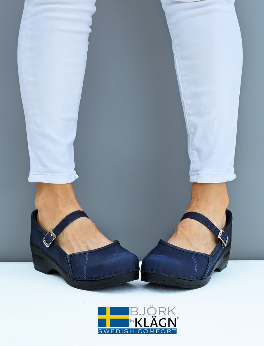 MARCELLA Mary Jane Navy Oiled Leather Clogs
