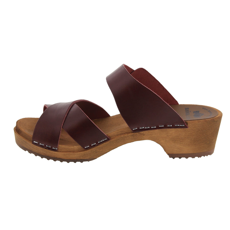 ALICE Swedish Wood Open Back Clog Sandals in Bordeaux Cabrio Leather
