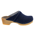 KAIA Swedish Low Heel Wooden Clog Mules in Denim Leather