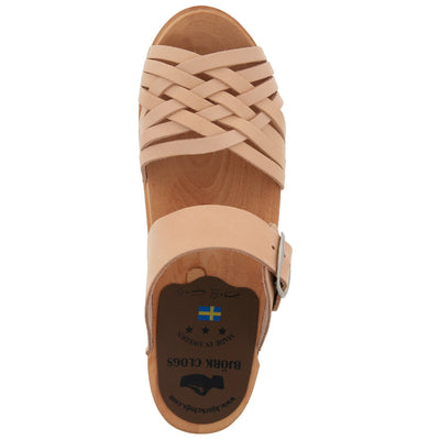 ASTA Swedish Wood Open Back Slip-On Clog Sandals in Veg-Tan Leather