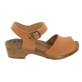 SAGA Swedish Wood Peep-Toe Adjustable Clog Sandals in Cognac Veg-Tan Leather