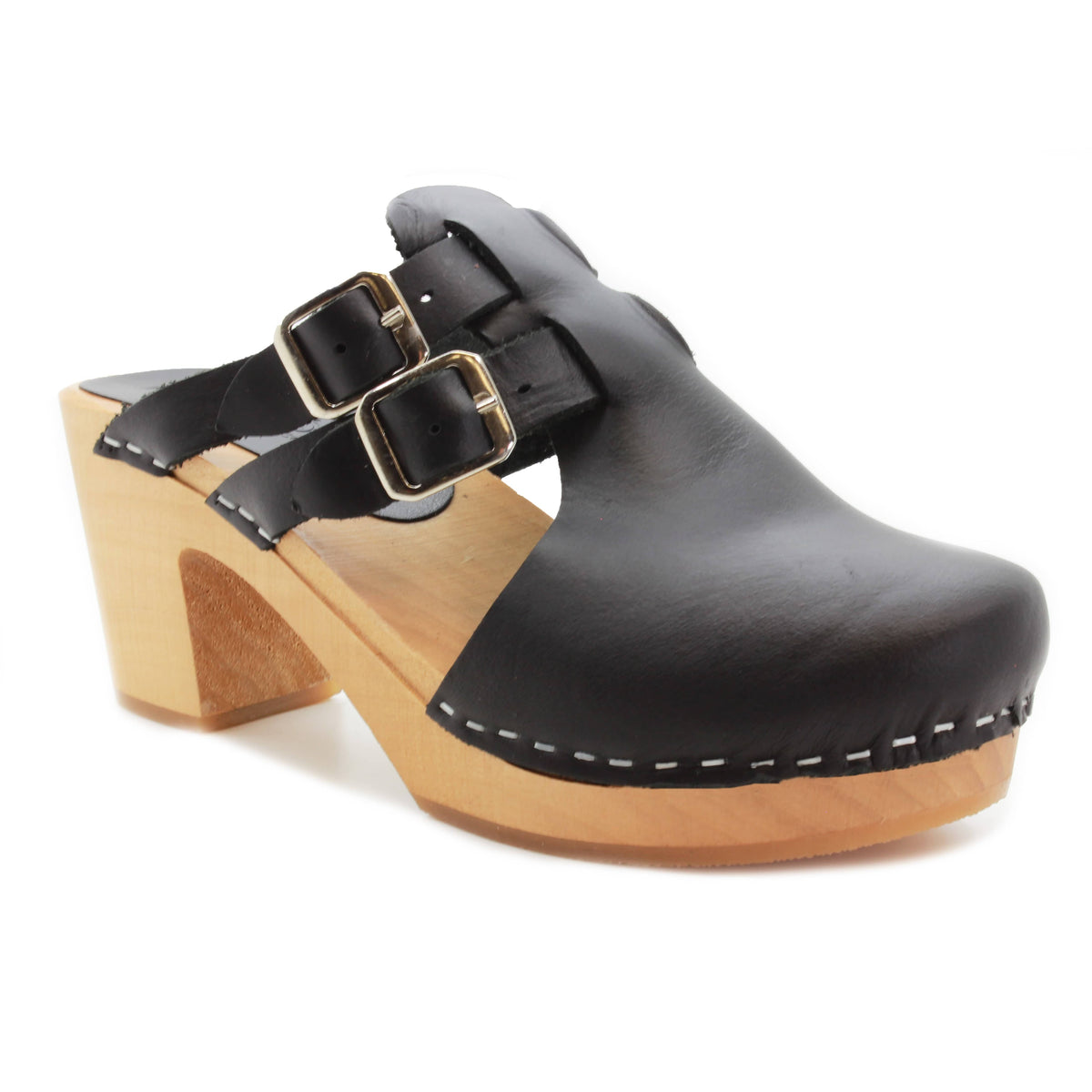 Brigetta Mid-heel Fashion Leather Wooden Clogs – BJORK Swedish Comfort