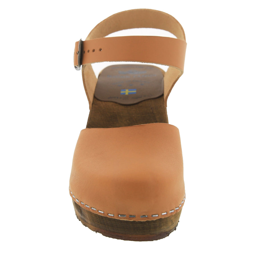 MARGARETA Swedish Wood Clog Sandals in Cognac Veg-Tan Leather